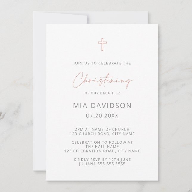 Simple Minimalist Gray Rose Gold Christening  Invitation (Front)