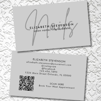 Simple Minimalist Gray Script Nail Artist QR Code Business Card