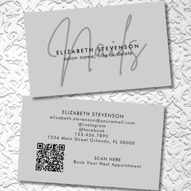 Simple Minimalist Gray Script Nail Artist QR Code Business Card (Creator Uploaded)