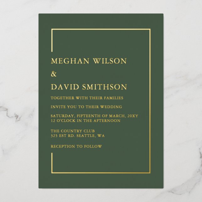 Simple Minimalist Green Modern Wedding  Foil Invitation (Front)