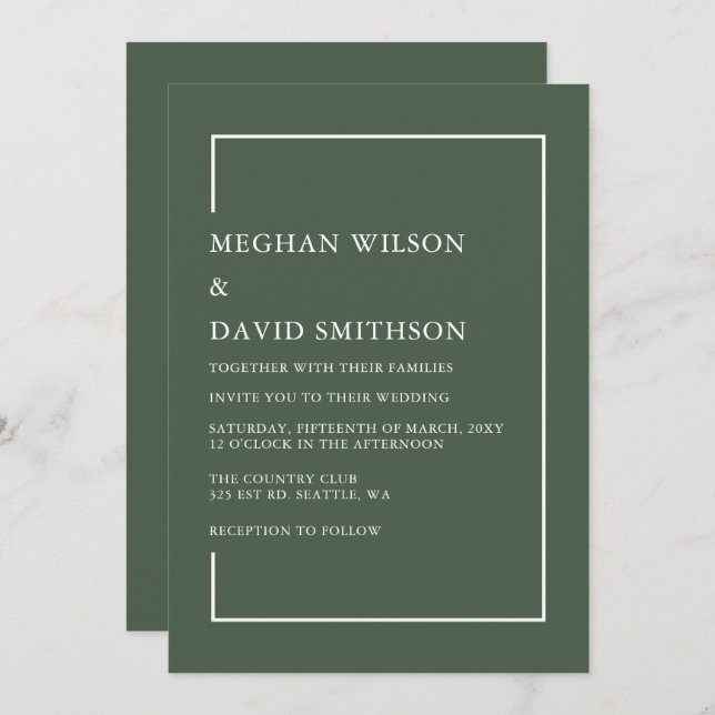 Simple Minimalist Green Modern Wedding  Invitation (Front/Back)