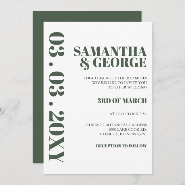 Simple Minimalist Green Modern Wedding Invitation (Front/Back)