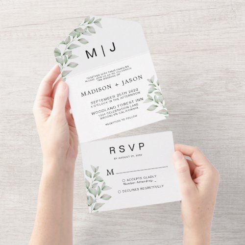 Simple Minimalist Greenery Monogram Wedding All In All In One Invitation