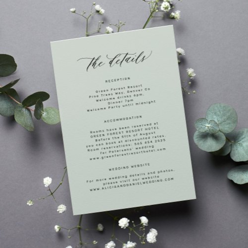 Simple minimalist guest sage green wedding details