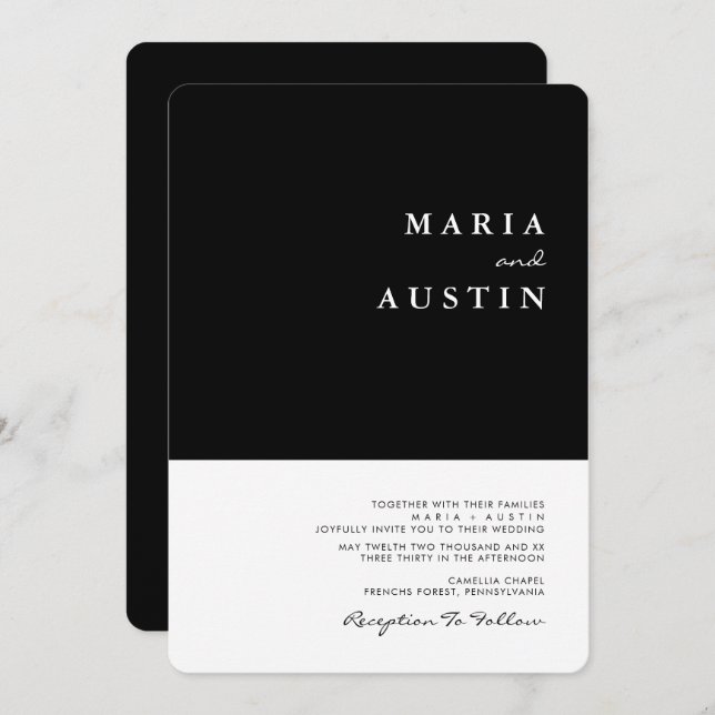 Simple Minimalist Half Black Half White Wedding Invitation (Front/Back)