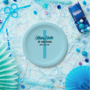 Simple Minimalist Happy Easter Light Blue Cross Paper Plates