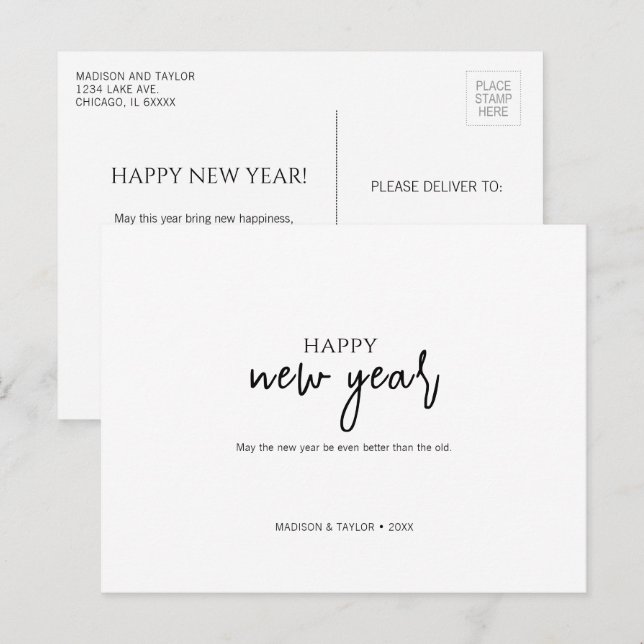 Simple Minimalist Happy New Year Holiday Postcard (Front/Back)