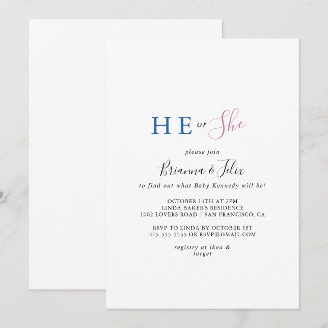 Simple Minimalist He or She Gender Reveal Invitation (Front/Back)
