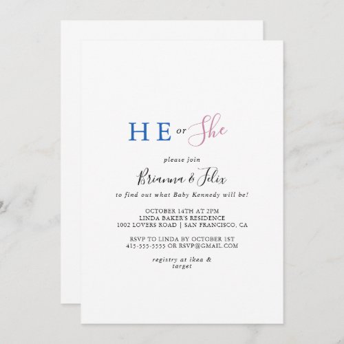 Simple Minimalist He or She Gender Reveal Invitation