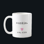 Simple Minimalist Heart Custom Year New Auntie Coffee Mug<br><div class="desc">Celebrate becoming an aunt with this adorable and minimalist mug, featuring the word "auntie." paired with a sweet pink heart and "est. 2024." Perfect for new aunts, this mug makes a thoughtful gift to mark the special occasion and add a personal touch to their morning coffee or tea. With its...</div>