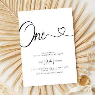 Simple Minimalist Heart Script 1st Birthday Invitation