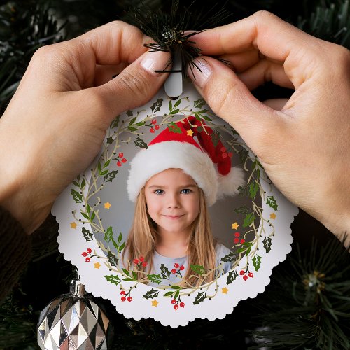 Simple Minimalist Holly Wreath Photo Ornament Card