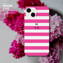 Simple Minimalist Hot Pink Stripe Bow Initial Case-Mate iPhone 14 Case