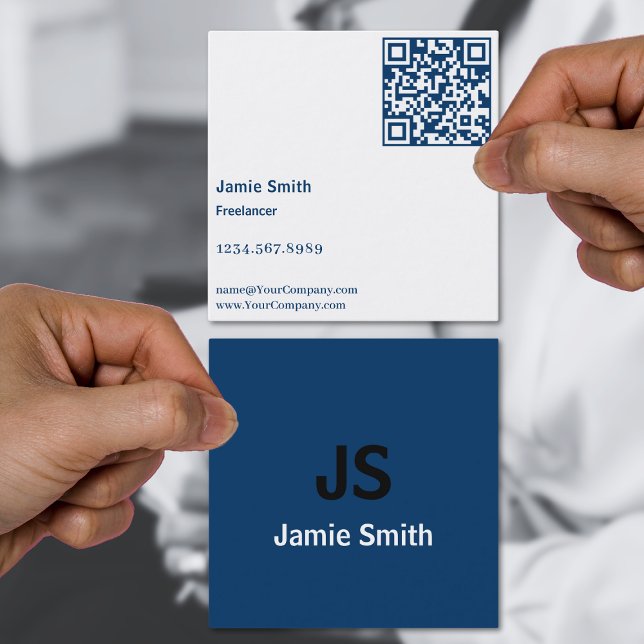 Simple Minimalist Initials Black, Blue & White Square Business Card (Simple Minimalist Initials Black, Blue & White Square Business Card)