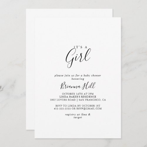 Simple Minimalist Its A Girl Baby Shower Invitation