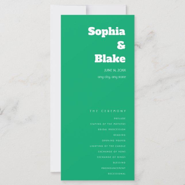 Simple Minimalist Jade Green Wedding Program (Front)