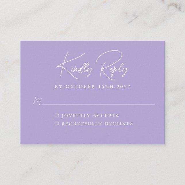 Simple Minimalist Lavender Script Custom RSVP Enclosure Card (Front)