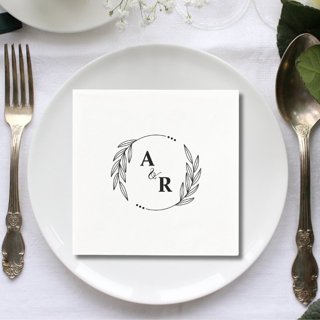 Simple Minimalist Leaf Couple Initials Wedding Napkins (Simple minimalist leaf couple initials wedding napkins add fresh natural elegance to receptions.)