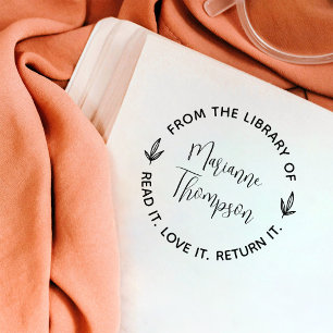 Simple Minimalist Leaves Script Round Library Rubber Stamp