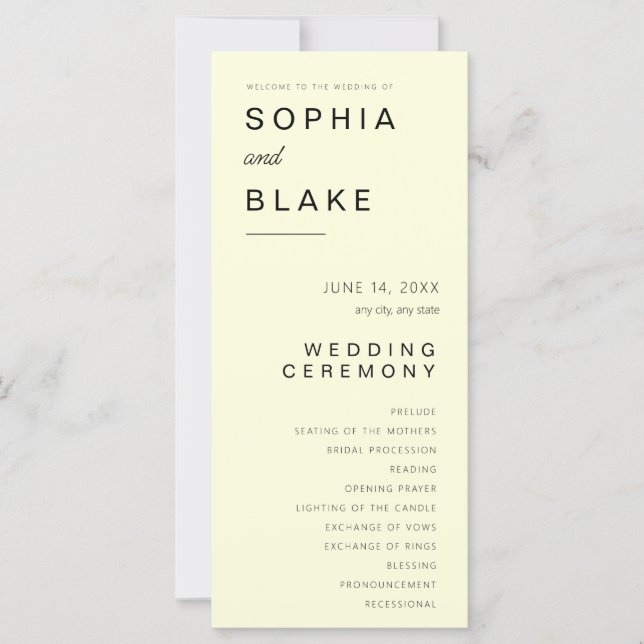 Simple Minimalist Light Yellow Wedding Program (Front)