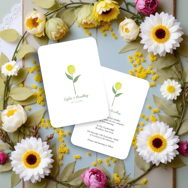 Simple Minimalist Lime Green Tulip Wedding Invitation (Minimalist design with a yellow tulip is elegant and simple as the current trend in weddings marks.)
