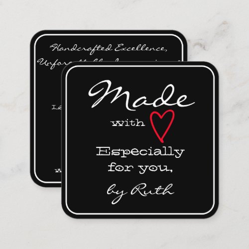 Simple Minimalist Made with Love Red Heart Black Square Business Card