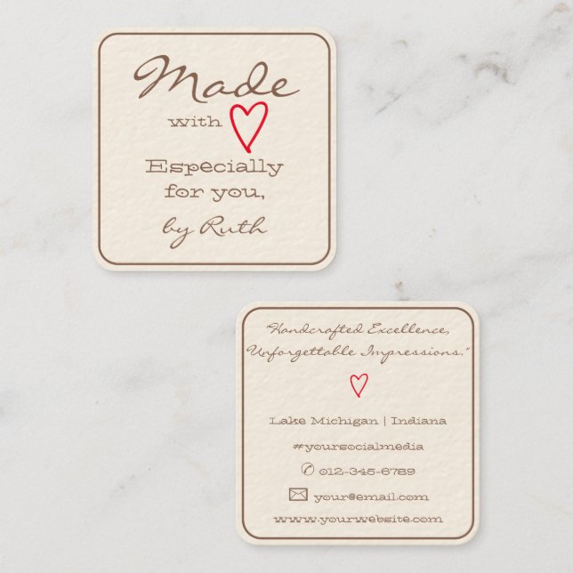 Simple Minimalist Made with Love Red Heart Cream Square Business Card (Front/Back)