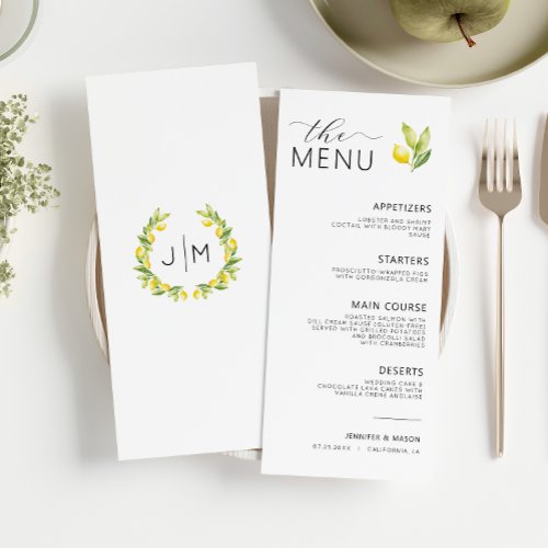 Simple Minimalist Mediterranean Lemon Wedding Menu