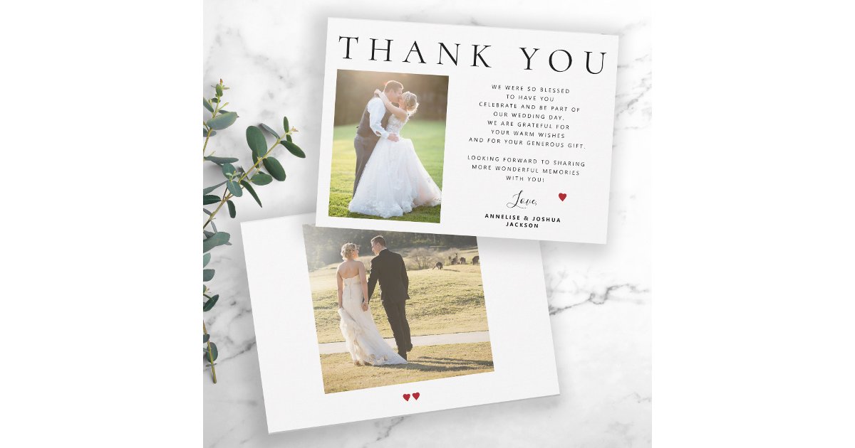 Simple minimalist modern 2 photo wedding thank you card | Zazzle