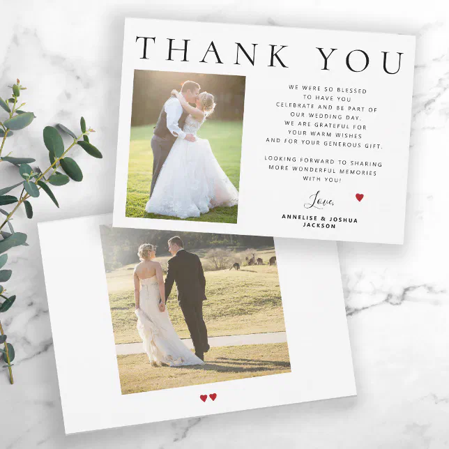 Simple minimalist modern 2 photo wedding thank you card | Zazzle