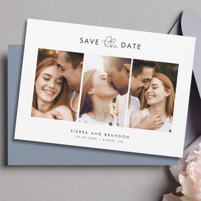 Simple Minimalist Modern 3 Photo Collage Script Save The Date (Creator Uploaded)