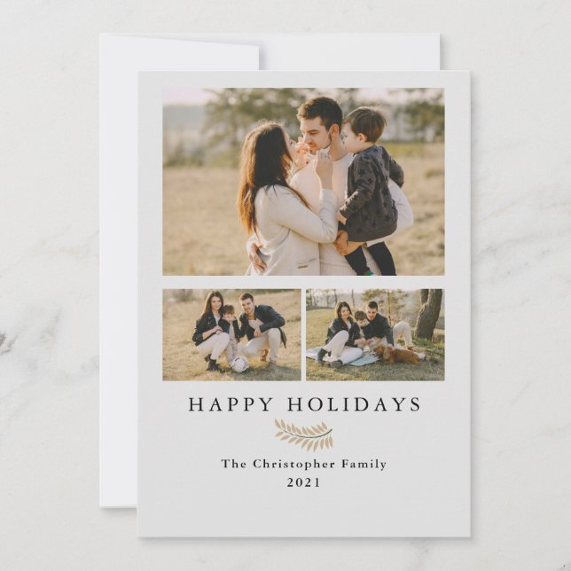 Simple Minimalist Modern 3 Photos Collage Holiday  Card (Front)
