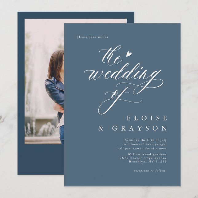 Simple Minimalist Modern Dusty Blue Detail Wedding Invitation (Front/Back)