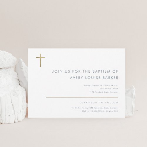 Simple Minimalist Modern Gold Cross Baptism Invitation