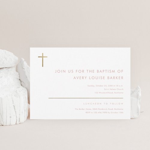 Simple Minimalist Modern Gold Cross Baptism Invitation