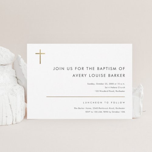 Simple Minimalist Modern Gold Cross Baptism Invitation