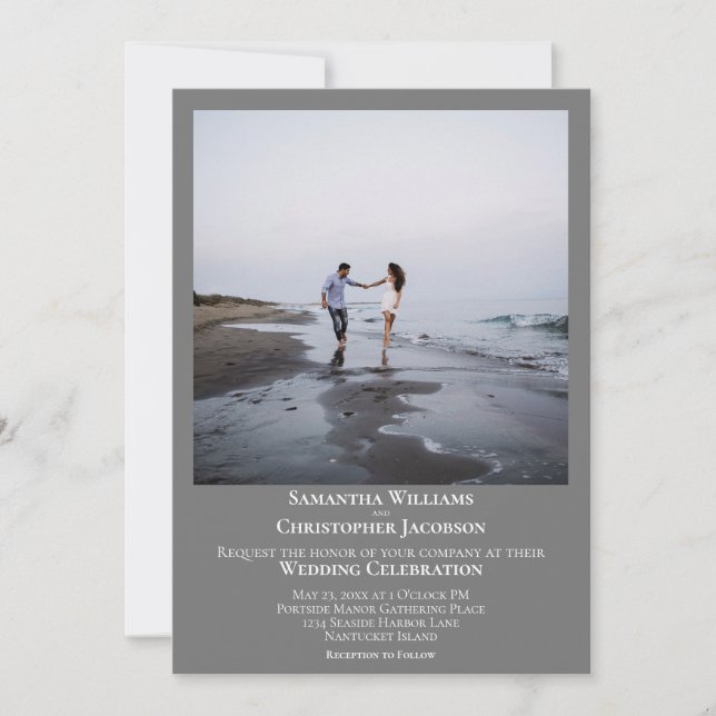 Simple Minimalist Modern Gray Photo Wedding Invitation (Front)