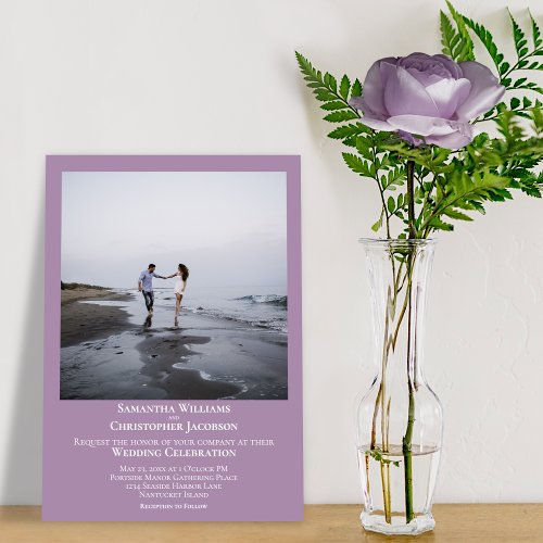 Simple Minimalist Modern Lavender Photo Wedding Invitation