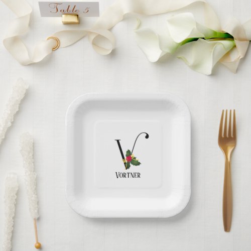 Simple Minimalist Monogram Initial V Christmas Paper Plates