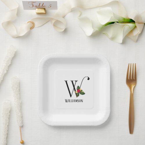 Simple Minimalist Monogram Initial W Christmas  Paper Plates