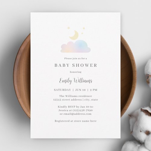 Simple Minimalist Moon and Stars Baby Shower Invitation