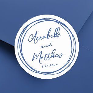Simple Minimalist Names Blue Hand Drawn Wedding Classic Round Sticker