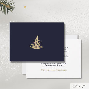 Simple Minimalist Navy Blue Gold Christmas Tree Holiday Card