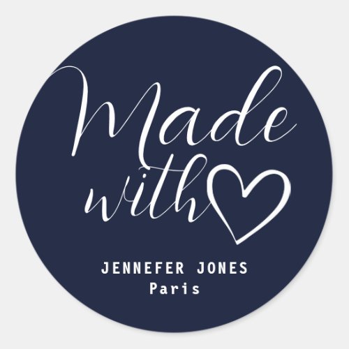 Simple Minimalist Navy Blue Made With Love Heart Classic Round Sticker