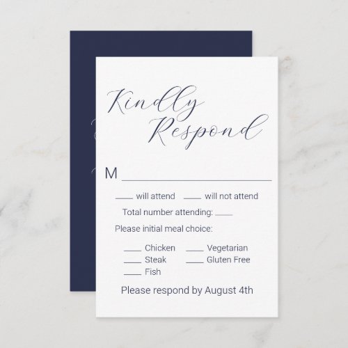 Simple Minimalist Navy Blue Meal Choice Wedding RS RSVP Card