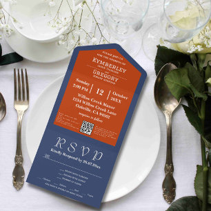 Simple Minimalist Navy Blue Orange QR Code All In One Invitation