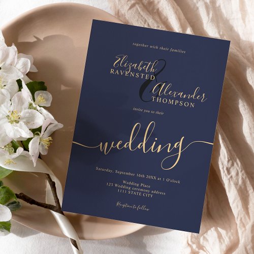 Simple minimalist navy blue script chic wedding invitation