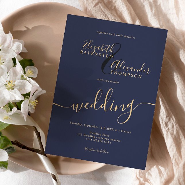 Simple minimalist navy blue script chic wedding invitation (Creator Uploaded)