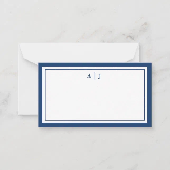 Simple Minimalist Navy Blue Two Border Monogram Note Card | Zazzle