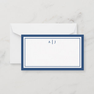 Simple Minimalist Navy Blue Two Border Monogram Note Card